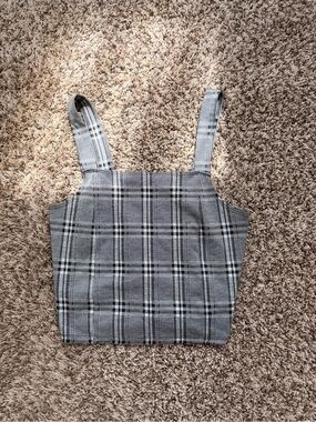 American Eagle Plaid Crop Top Tank Gray Black White Square Neck Women's